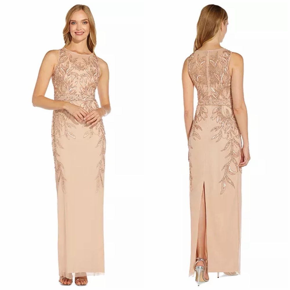 NWT ADRIANNA PAPELL Elegant Sleeveless Beaded Sheath Column Gown in Rose Gold